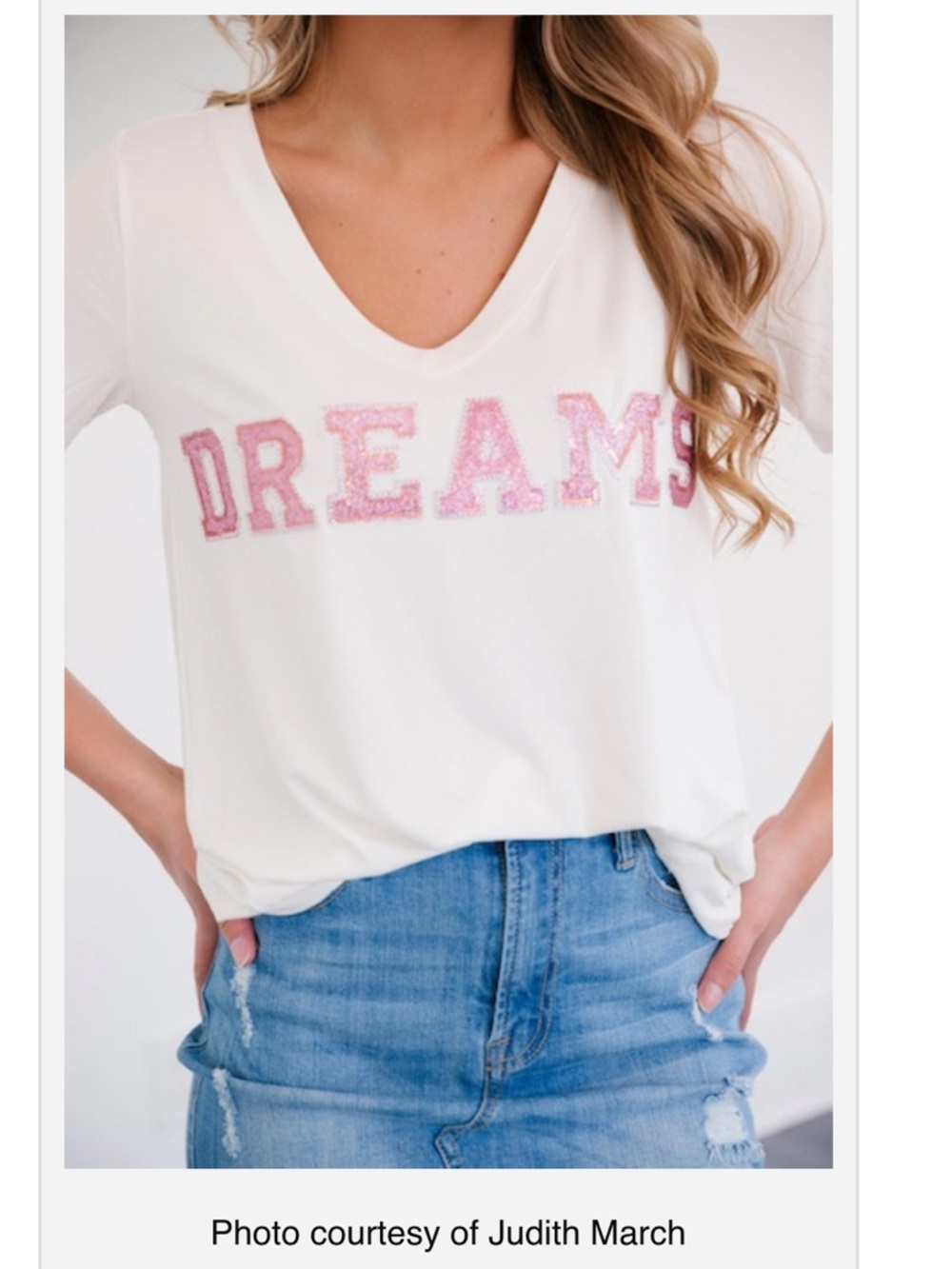 Judith March White V-Neck Tee with Pink Sequin DREAMS NWOT